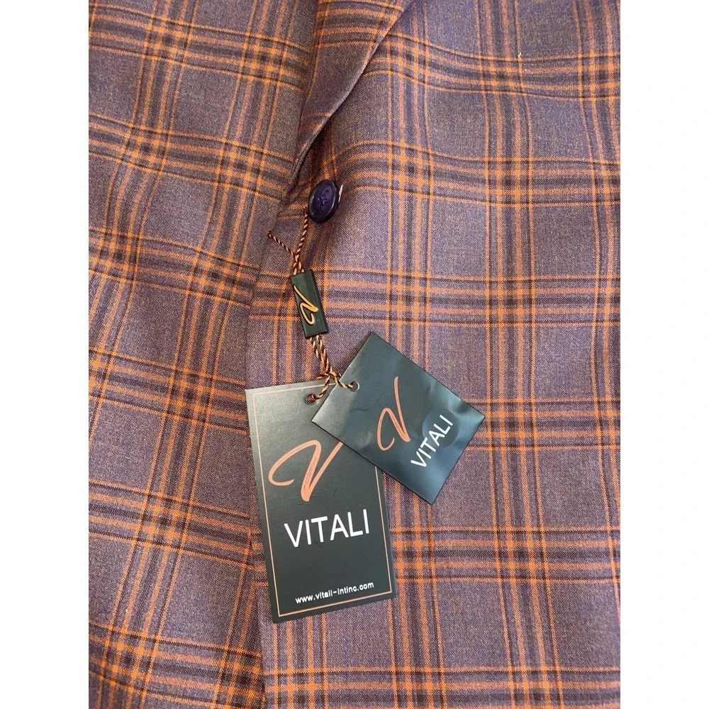 Vitali Men's 3-Piece‎ Suit Modern Fit Denim Lavender Plaid Formal 51W 56 M9857
